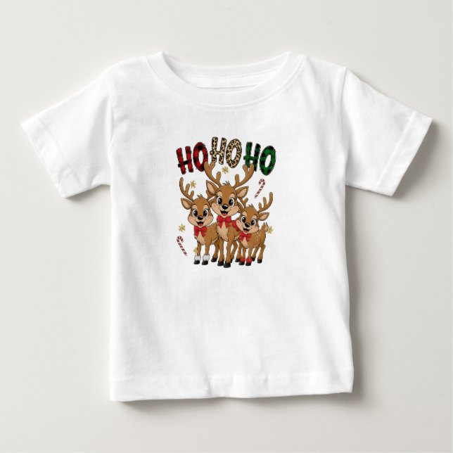 Plaid & Leopard Ho Ho Ho Reindeer Kids Christmas Baby T-Shirt (Front)