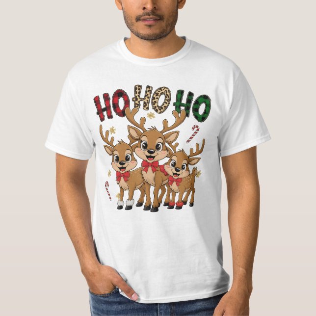 Plaid & Leopard Ho Ho Ho Reindeer Kids Christmas T-Shirt (Front)