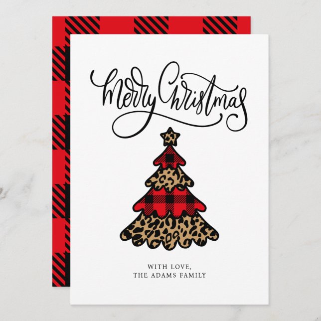 Plaid & Leopard Print Christmas Tree Holiday Card (Front/Back)