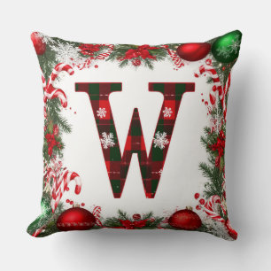 🎄 Plaid Letter W Christmas Wreath Candy Cane 🎄 Cushion