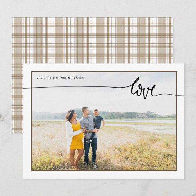 Plaid LOVE Minimal Script Brown Holiday Card (Front/Back)