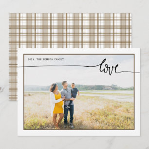 Plaid LOVE Minimal Script Brown Holiday Card
