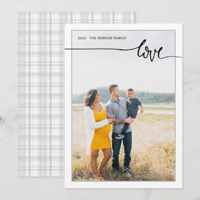 Plaid LOVE Minimal Script Grey Vertical Holiday Ca Card (Front/Back)