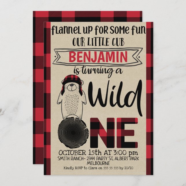 Plaid Lumberjack Bear Wild One Birthday Invitation (Front/Back)