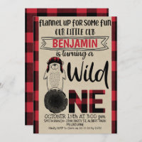 Plaid Lumberjack Bear Wild One Birthday Invitation