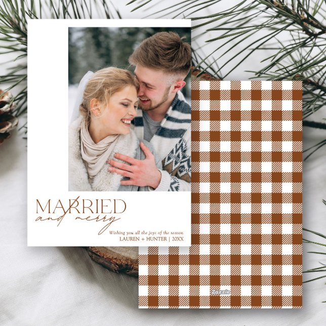 Plaid Married and Merry Newlyweds Photo Holiday Card (Creator Uploaded)
