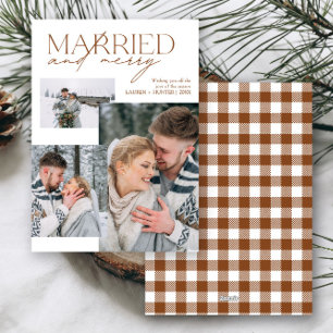 Plaid Married and Merry Script Newlywed Photos Holiday Card