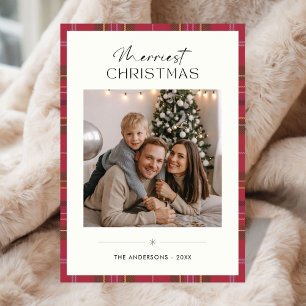 Plaid Merriest Christmas Simple Family Photo Ivory Holiday Card