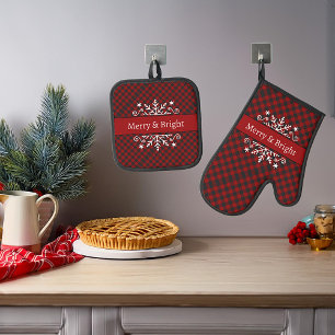Plaid Merry & Bright snowflake custom Oven Mitt & Pot Holder Set