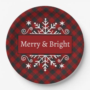 Plaid Merry & Bright snowflake Paper Plate
