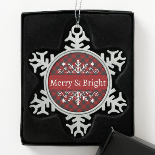 Plaid Merry & Bright snowflake Pewter Christmas Ornament
