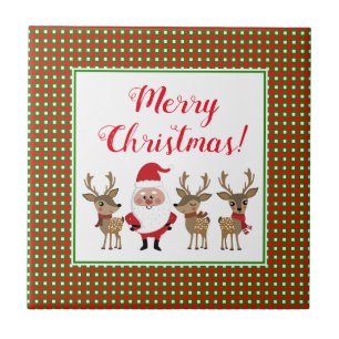 Plaid Merry Christmas Custom Santa Claus Reindeer Ceramic Tile