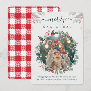 Plaid Merry Christmas Family Photo Botanical Card