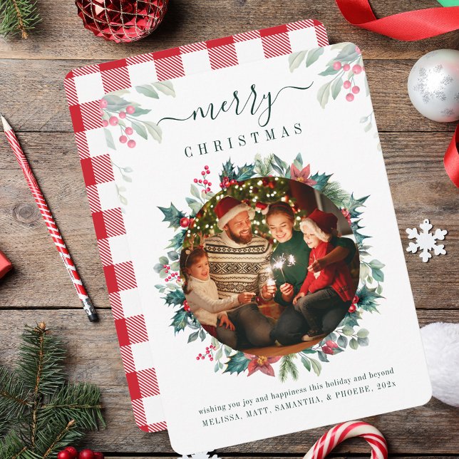 Plaid Merry Christmas Family Photo Botanical Holiday Card (Plaid Merry Christmas Family Photo Botanical Holiday Card)