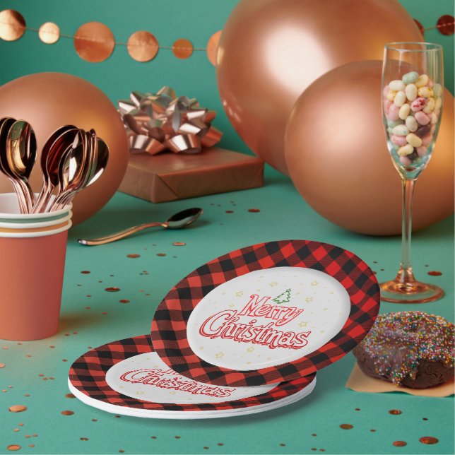 Plaid Merry Christmas Paper Plate (Multi)