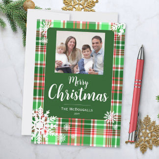 Plaid Merry Christmas Photo Red Green Snowy Holiday Card