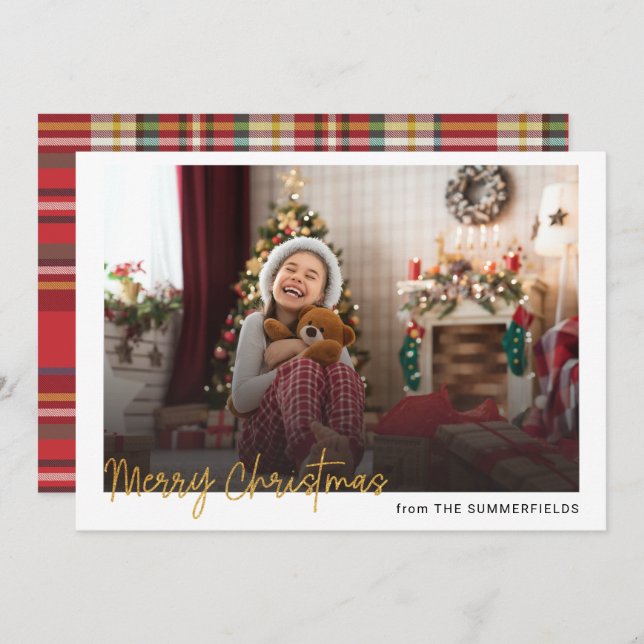 Plaid Merry Christmas Photo Rustic Red Check Holiday Card (Front/Back)