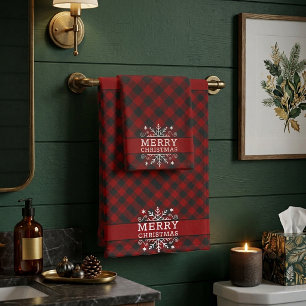 Plaid Merry Christmas snowflake Bath Towel Set