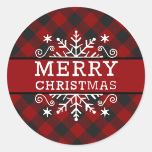 Plaid Merry Christmas snowflake  Classic Round Sticker