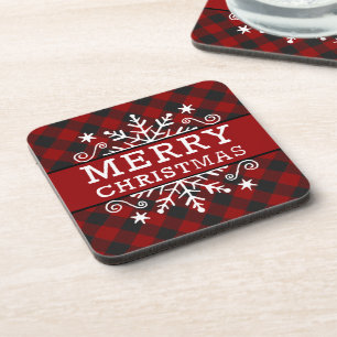 Plaid Merry Christmas snowflake Coaster