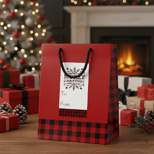 Plaid Merry Christmas snowflake gift tag sticker