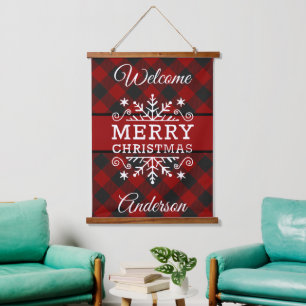 Plaid Merry Christmas snowflake  Hanging Tapestry