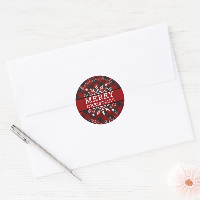 Plaid Merry Christmas snowflake  name and address Classic Round Sticker (Envelope)
