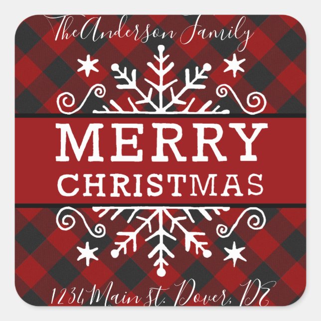 Plaid Merry Christmas snowflake name and address Square Sticker (Front)