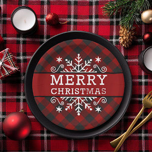 Plaid Merry Christmas snowflake  Paper Plate