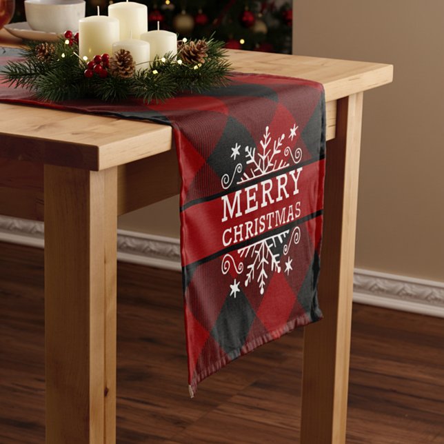 Plaid Merry Christmas snowflake  Short Table Runner (Creator Uploaded)
