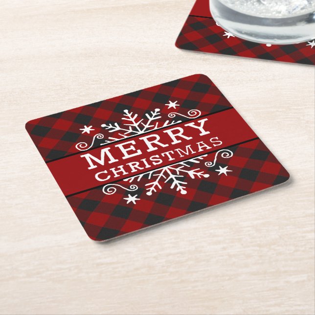 Plaid Merry Christmas snowflake  Square Paper Coaster (Angled)