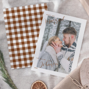 Plaid Merry & Married Script Photo Christmas Card