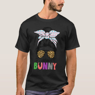 Plaid Messy Bun Grandmom Bunny Easter Leopard Wome T-Shirt