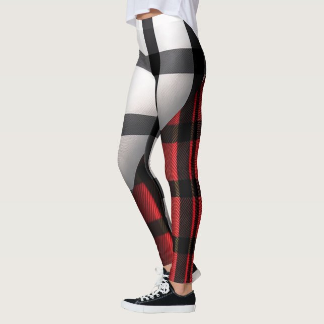 Plaid Modern Abstract Red Black Plaid Collection Leggings (Left)