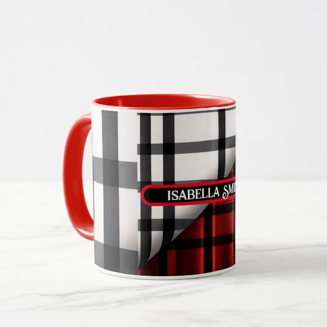 Plaid Modern Abstract Red Black Plaid Collection Mug (Front Left)