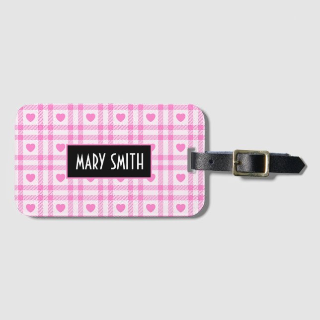 Plaid Modern Pink Heart Collection Luggage Tag (Front Horizontal)