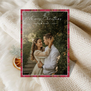 Plaid Modern Script First Married Christmas Photo Holiday Card