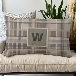 Plaid monogram beige brown tan grey farmhouse  lumbar cushion