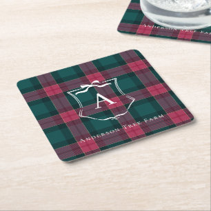 Plaid Monogram   Custom Holiday Logo Square Paper Coaster