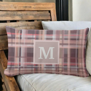 Plaid monogram maroon blush pink tan peach  lumbar cushion