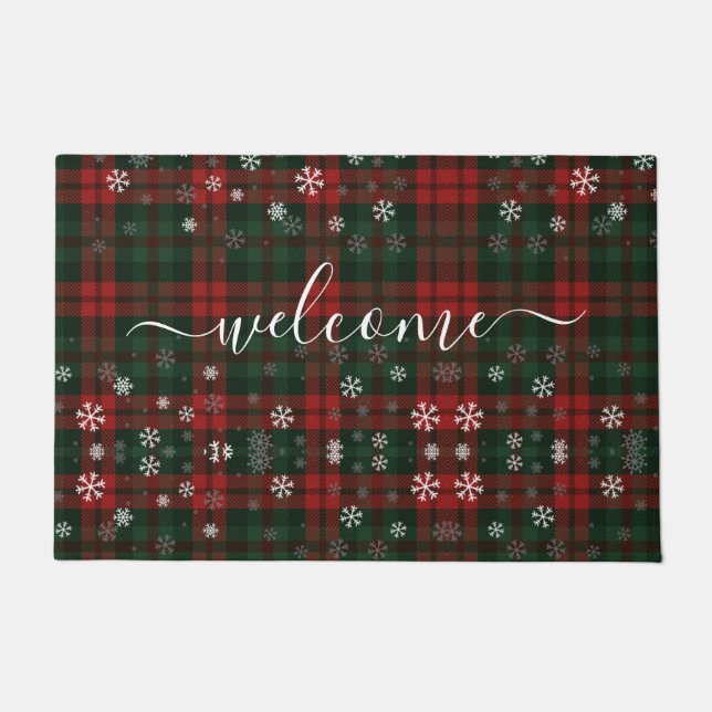Plaid Monogram Script Snowflakes Rustic Doormat (Front)
