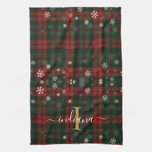 Plaid Monogram Script Snowflakes Rustic Name Tea Towel