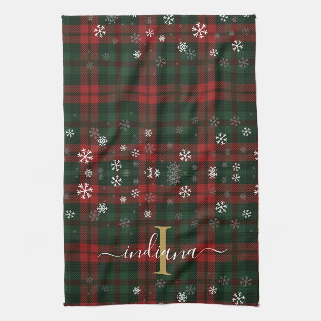 Plaid Monogram Script Snowflakes Rustic Name Tea Towel (Vertical)