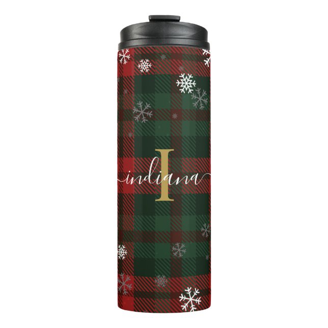 Plaid Monogram Script Snowflakes Rustic Name Thermal Tumbler (Front)