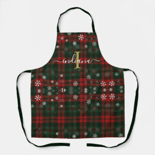 Plaid Monogram Script Snowflakes Tartan Custom Apron