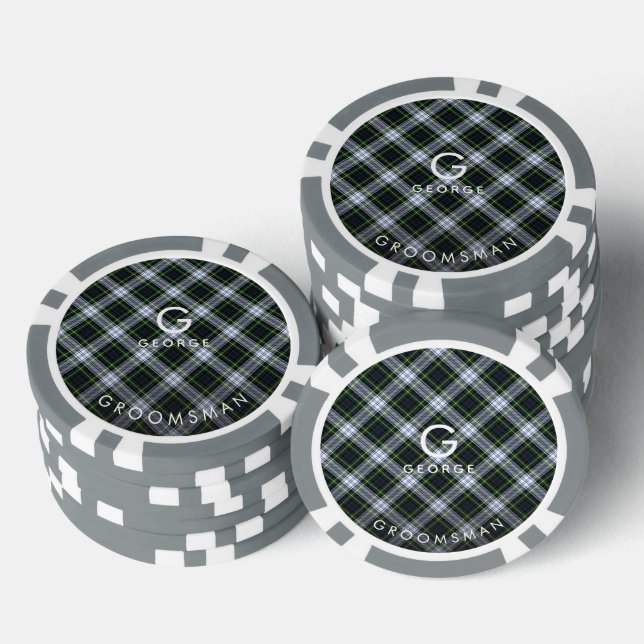 Plaid Monogram White Green Check Tartan Groomsman Poker Chips (Stack)