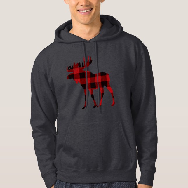 Plaid Moose Hoodie Hooded Sweatshirt Red and Black (Front)