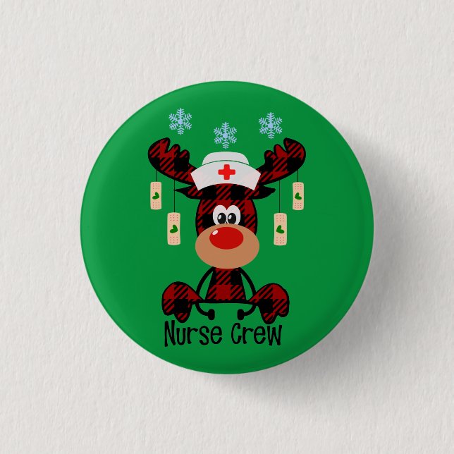 Plaid Moose Nurse Crew Funny Nurses Button (Front)