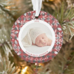 Plaid My First Christmas Photo Ornament<br><div class="desc">Round acrylic ornament features the year, your baby's name and the words First Christmas and your favourite baby photo surrounded with white leaves, berries and dots on a buffalo plaid background. TIP: Upload a high resolution photo that features your baby in the middle - you can crop to a square...</div>