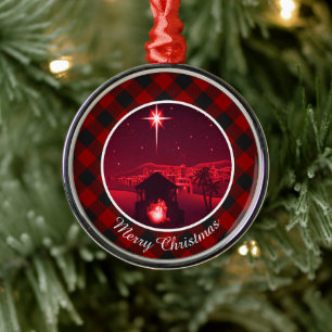 Plaid nativity metal ornament